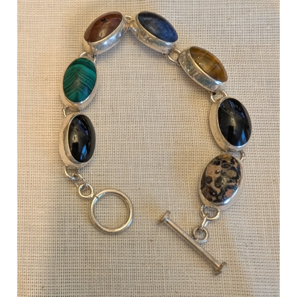 Vintage ATI Mexico Sterling Silver Multi-Gemstone Cabochon Link Bracelet - Picture 1 of 8